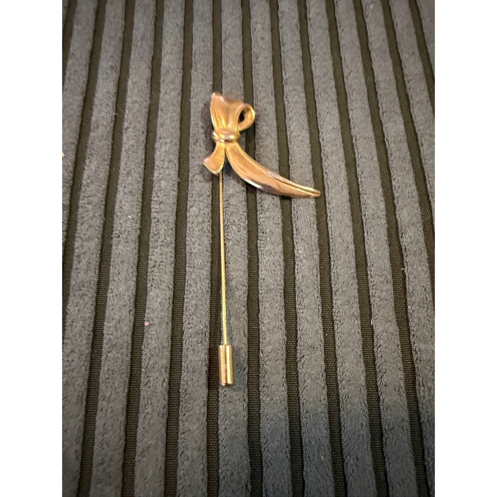 Vintage Gold Tone Bow Stick Pin Lapel Hat Scarf Ribbon Brooch Accessory‎